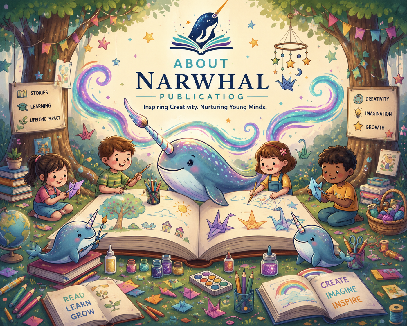 Children engaging in arts and crafts activities with Narwhal Publication books